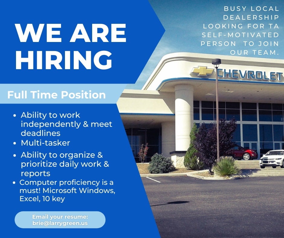 employment flyer Larry Green Chevrolet in Cottonwood AZ
